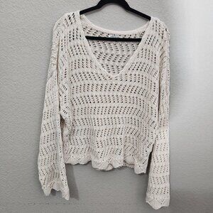 American Eagle Open Knit Cropped Lightweight Sweater Xl Cream Pointelle Textured